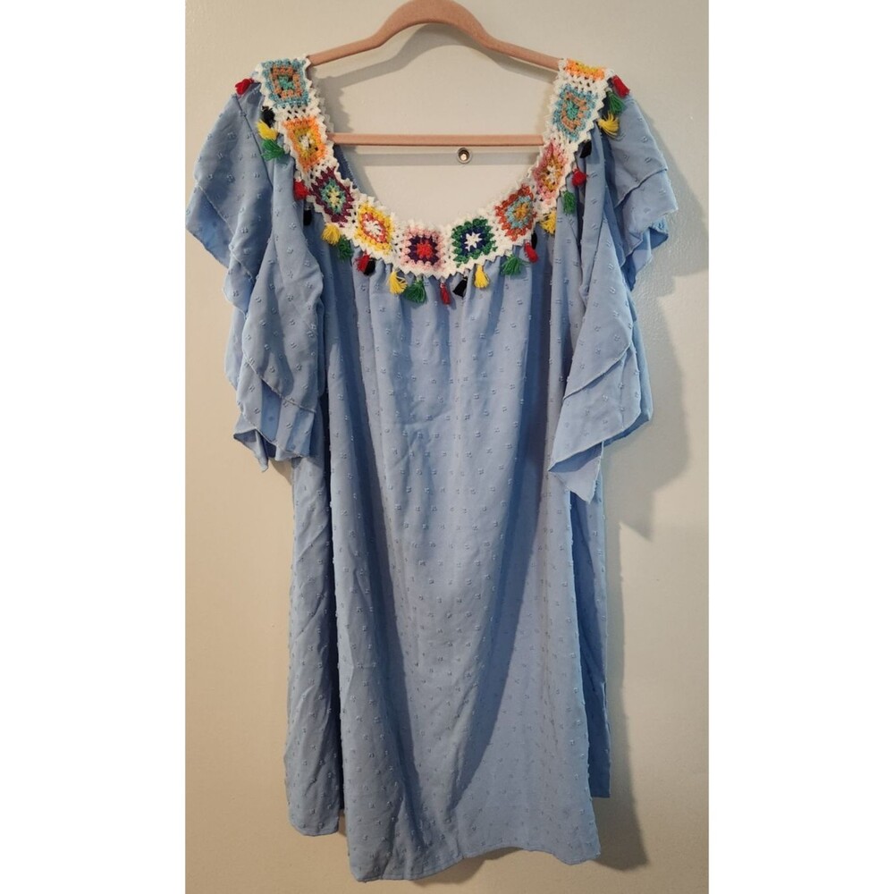Shein Womens Sz 4XL Light Blue Sear Sucker Mini Dress Floral Crochet Neckline